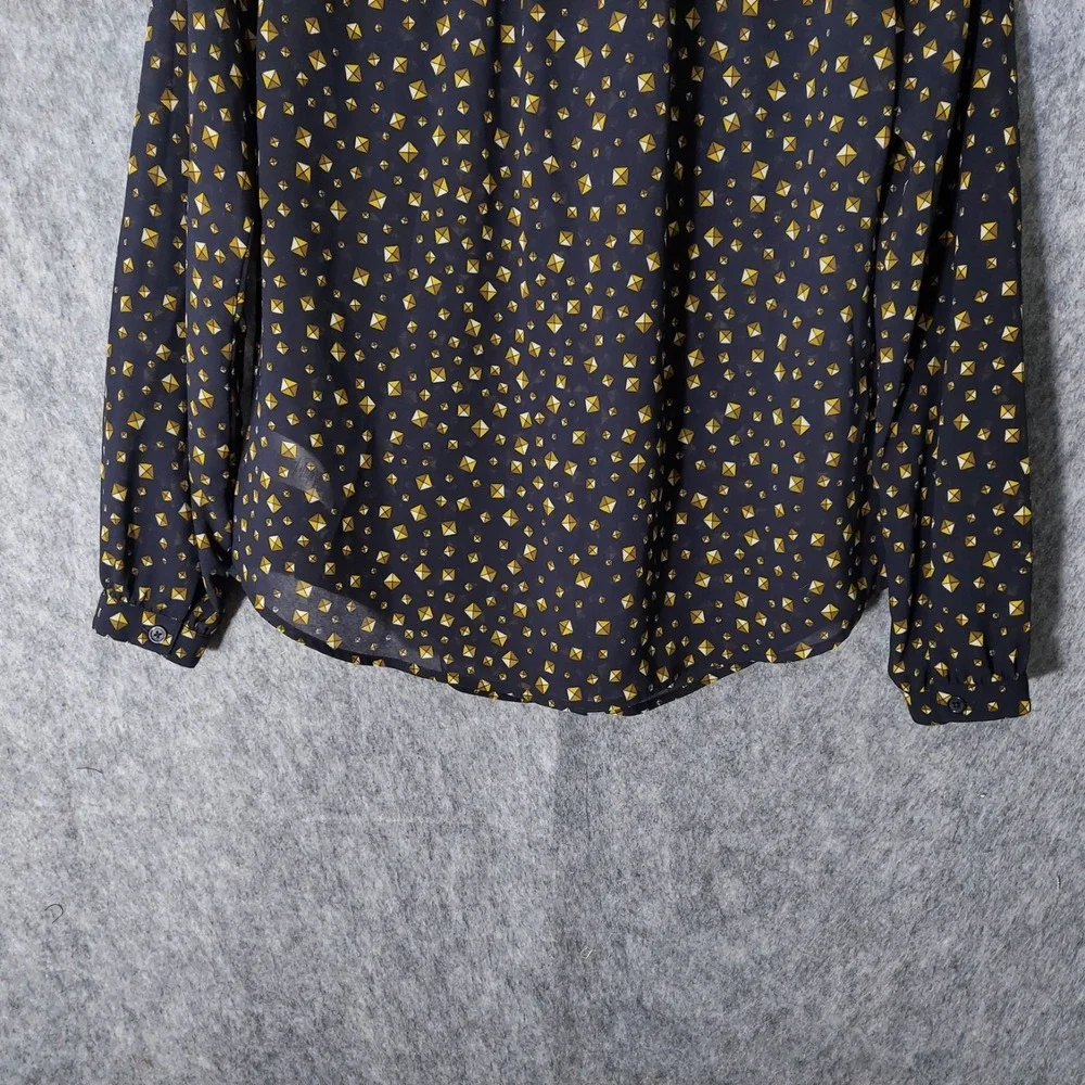 Michael‎ Kors Blouse Women M Black Gold Stud Print Grommet Neck Button Front Top